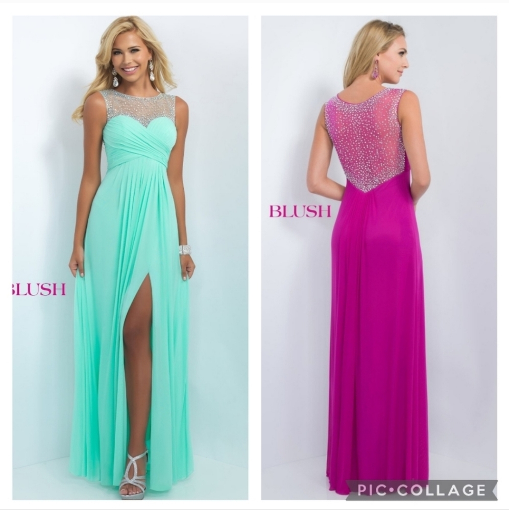 Blush Prom Mint Sequins Flowy Chiffon Ruched Empire Waist Slit Gown Size 2